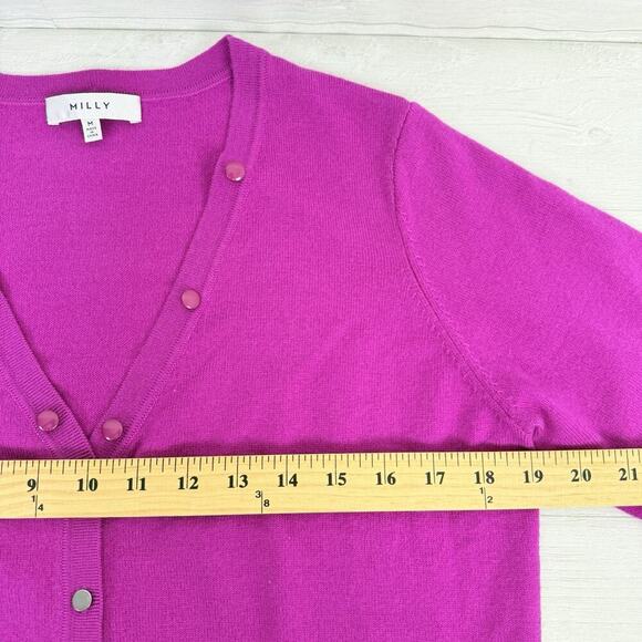 Milly Merino Wool Cardigan Sweater Women Medium Bright Pink Preppy V Neck Studs - Picture 8 of 12